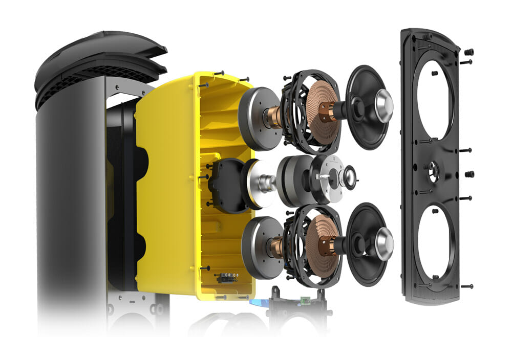 Definitive technology tower speaker exploded view rendering