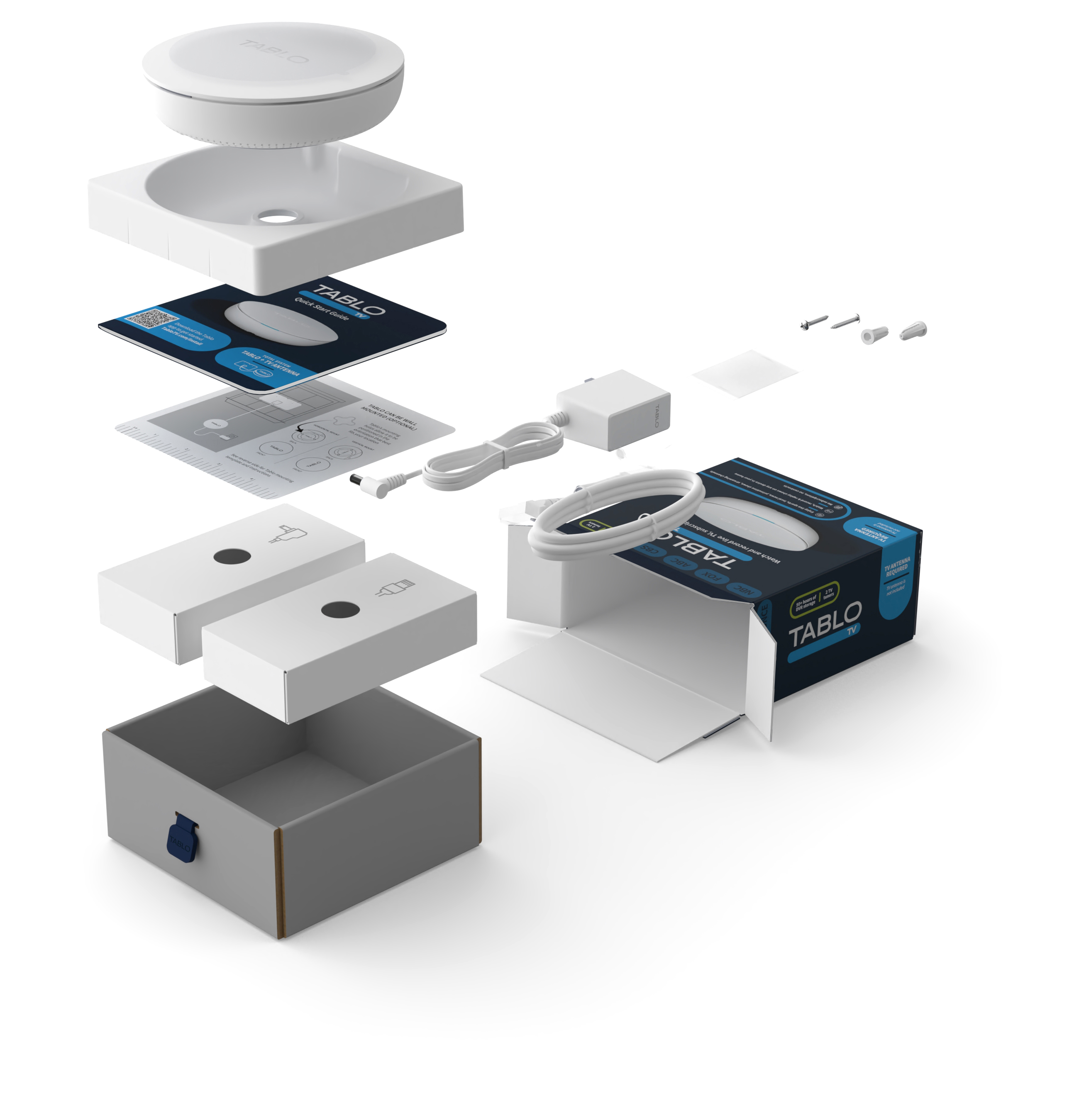 Exploded view of tablo fast packaging showing arrangment of product and inserts