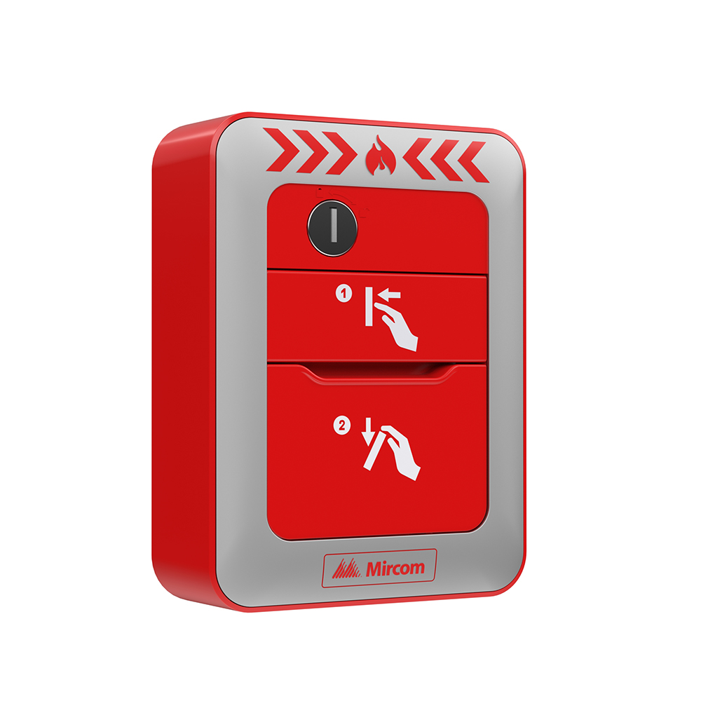 Close up of Mircom fire alarm pull station